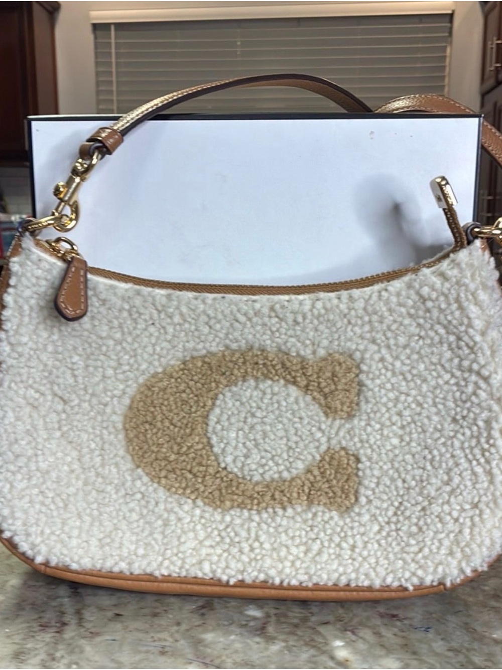 Coach Cream Shearling Shoulder Bag with Tan 'C' Accent